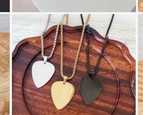 Engraved guitar pick charm necklace