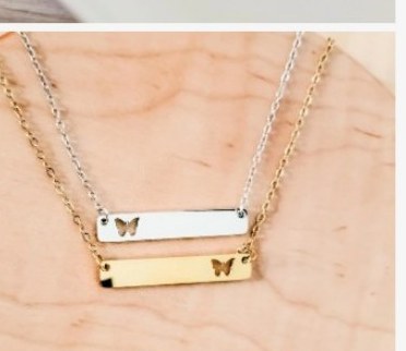 Engraved bar necklace with butterfly cutout