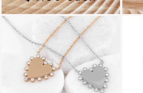 Engraved heart charm rhinestone border necklace