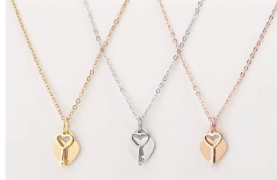 Engraved heart key charm necklace